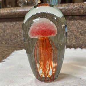 6”h x 3-1/2”w Hand Blown Pink Jellyfish Art Glass Paperweight